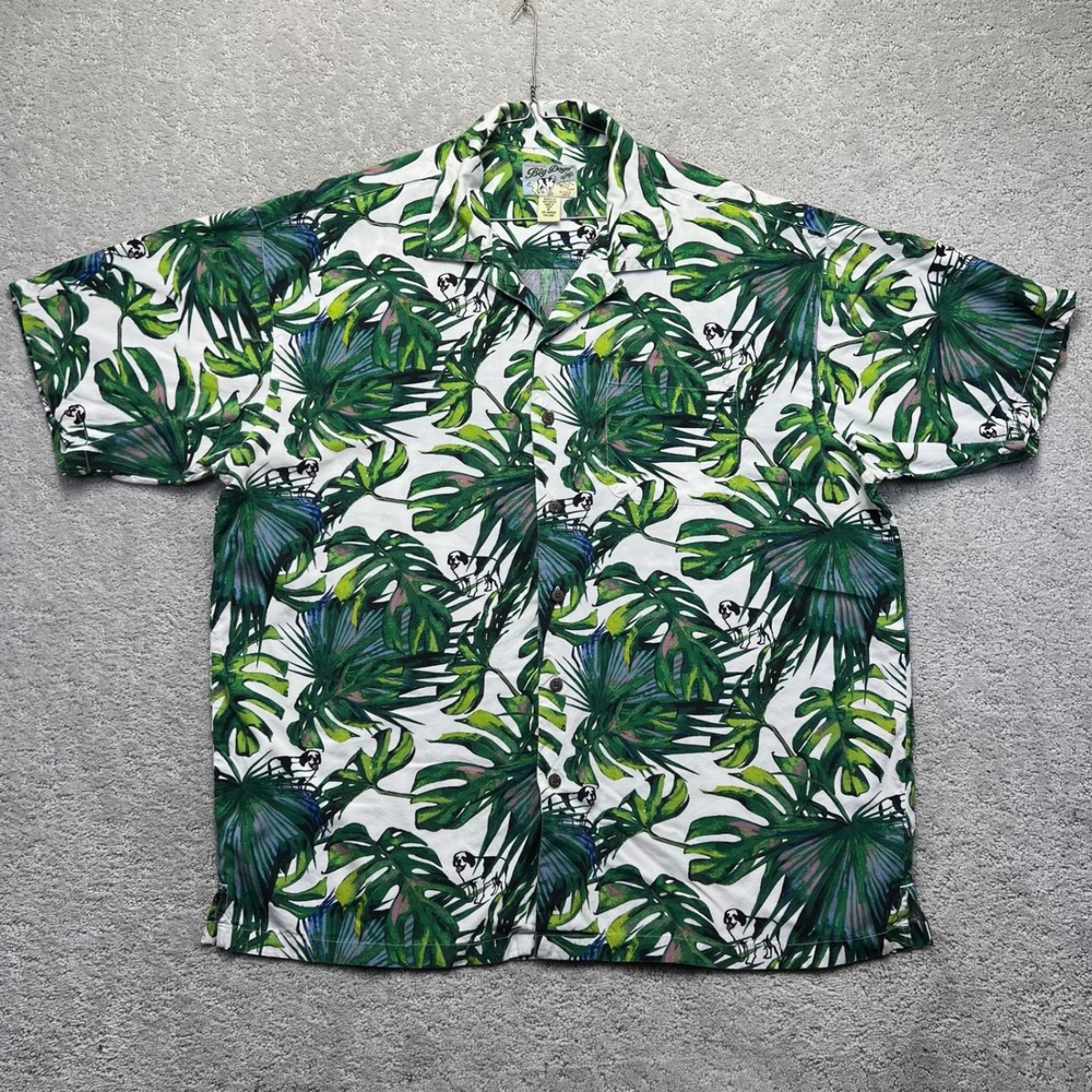 Big Dogs Hawaiian Shirt Mens XL Green White Rayon Monstera Palm Leaf Aloha Beach